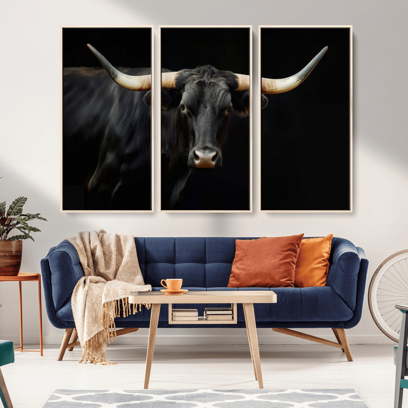 63798-MGV-CV-36X24-Black Bull Wall Art – Majestic Longhorn Canvas Print with Dark Background, Rustic Western Farmhouse Decor for Living Room or Office