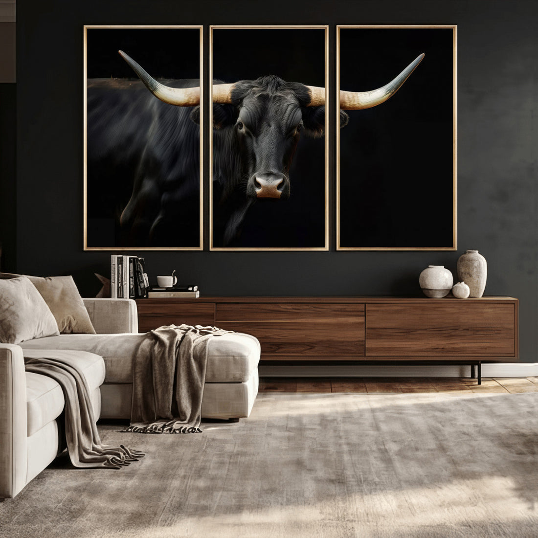 Black Bull Wall Art, Majestic Longhorn Canvas Print | Extra Large 3 Piece Best Seller Wall Art