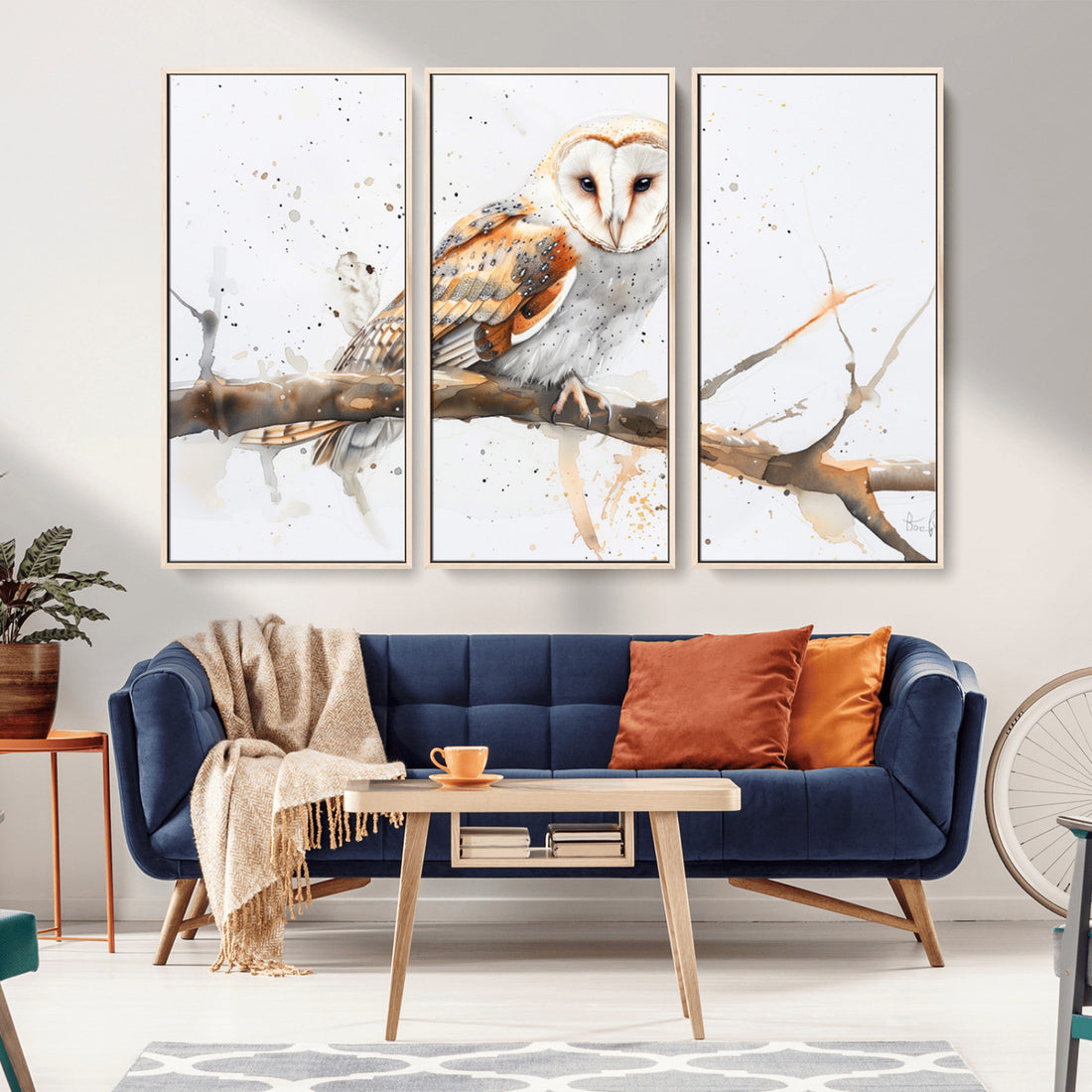 Barn Owl Wall Art on Branch, Canvas Print for Nature Lovers | Extra Large 3 Piece Canvas Wall Art