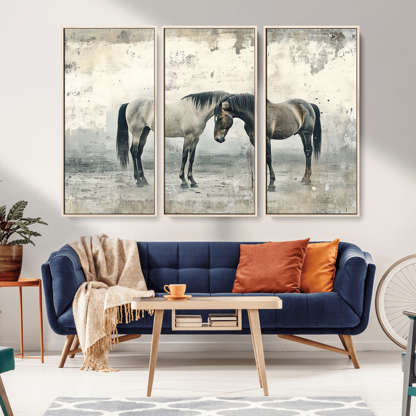 -Chines Style Majestic Horses Wall Art | Ready to Hang and Framed Triptych Print | Western Farmhouse