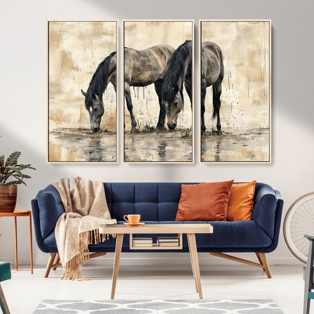 Chinese Style Abstract Black Horses Wall Art Canvas Print