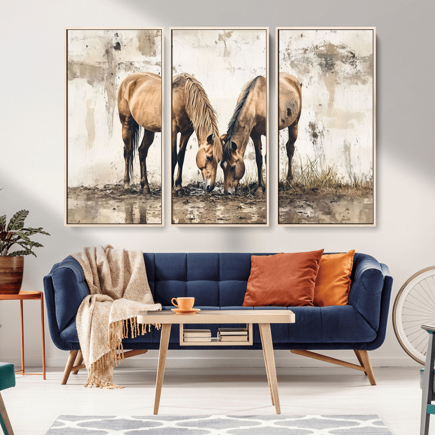 -Vintage Horses Wall Art | Ready to Hang and Framed Triptych | Western Farmhouse Wall Decor for