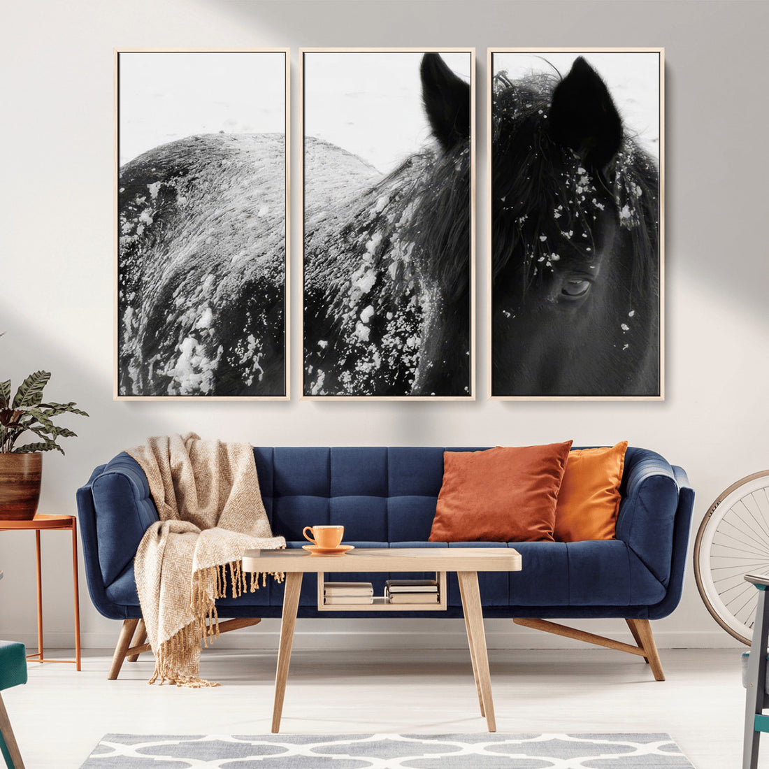 Black Horse in Snow Canvas Print, Winter Horse Wall Art
