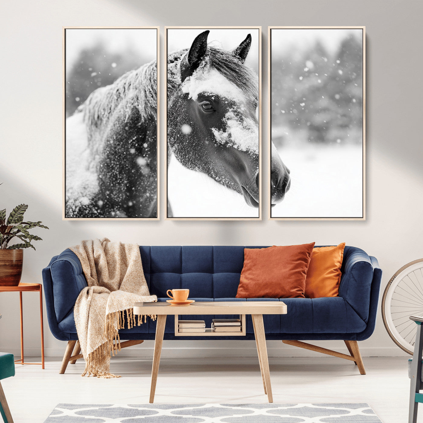 13358-MGV-FC-48X32-3P_Natural-Black Horse Winter Wall Art | Ready to Hang and Framed | Farmhouse and Western Wall Decor for Living Room