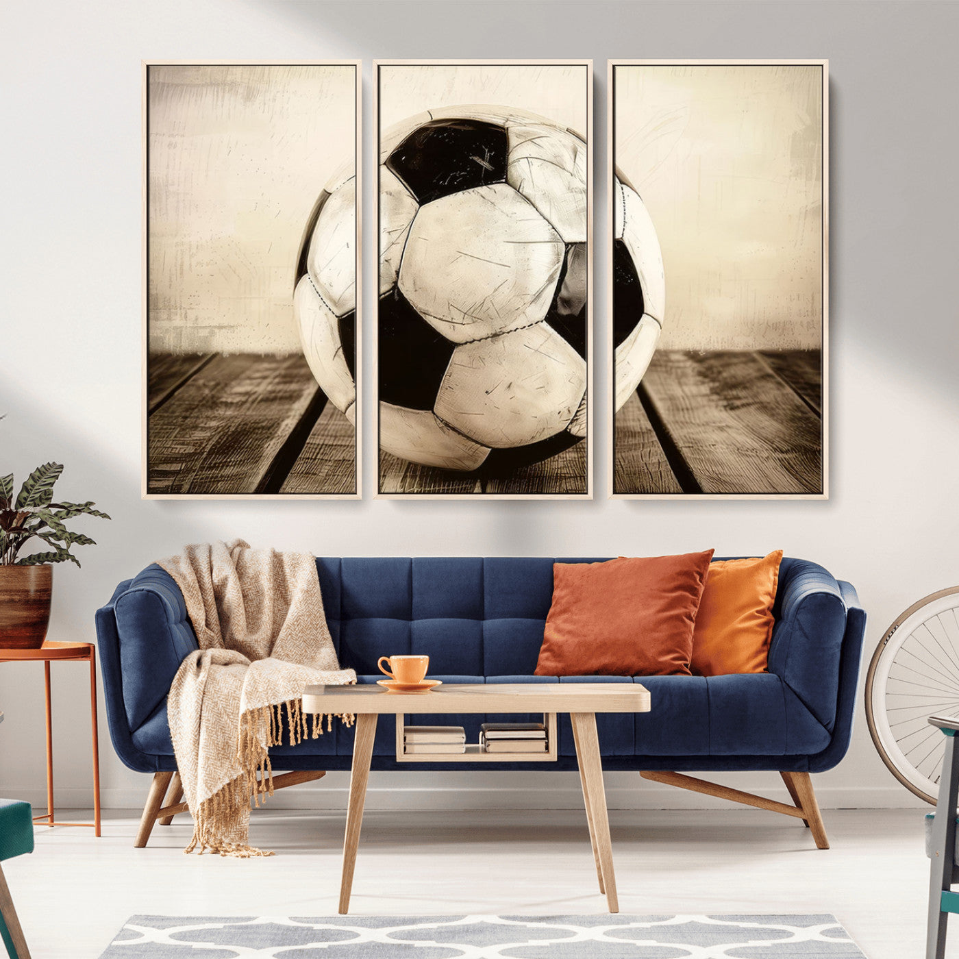 -Vintage Soccer Ball Wall Decor Canvas Art – 3-Panel Soccer Wall Decor, Framed and Ready to Hang