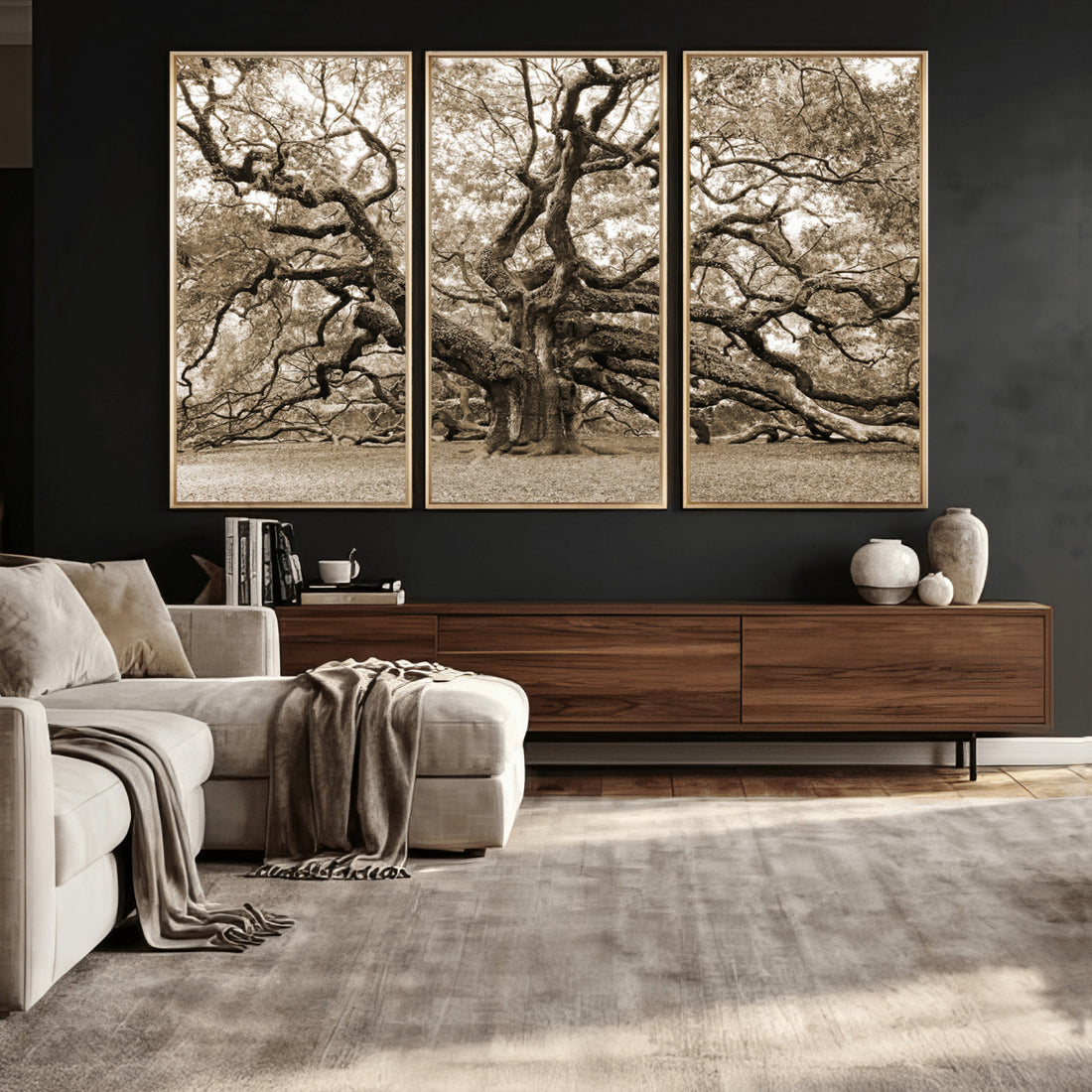 Sepia Framed Angel Oak Tree Wall Art, 3 Panel Canvas Prints