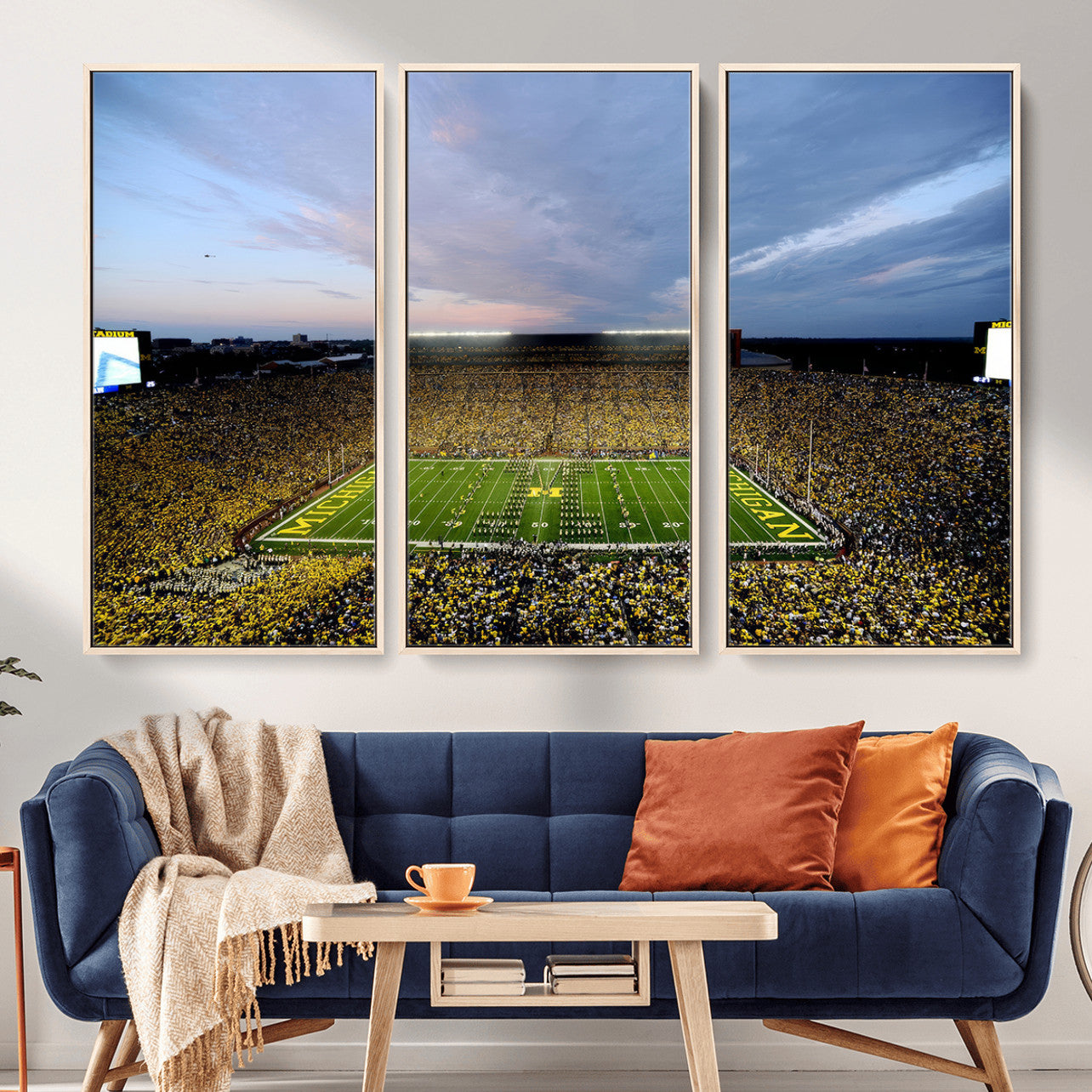 82641-MGV-FC-48X32-3P - Michigan Stadium Wall Art Canvas Print, Vibrant Game Day Crowd and Sunset Sky Football Field Artwork for Home, Office
