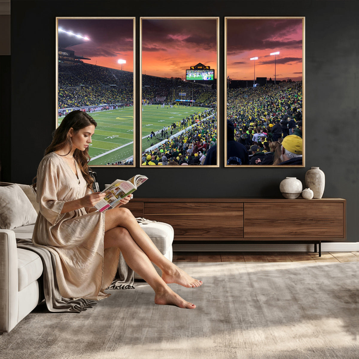 75065-PAN-FL-20X10 - Eugene Autzen Stadium Canvas Wall Art Print – Sunset Over Iconic Football Field Wall Decor for Home