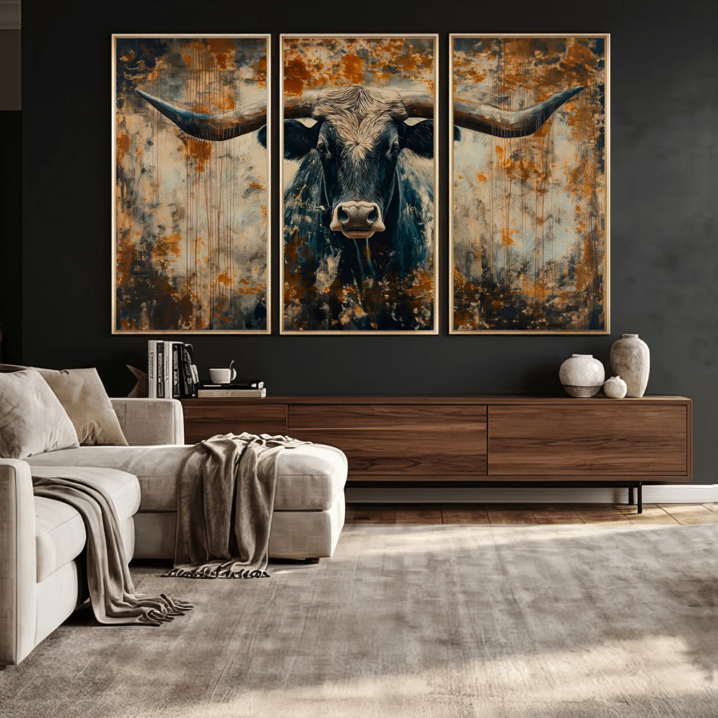85913-MGV-CV-36X24 - Abstract Longhorn Bull Wall Art | Rustic Western Wall Decor | Framed and Ready to Hang | Ideal for