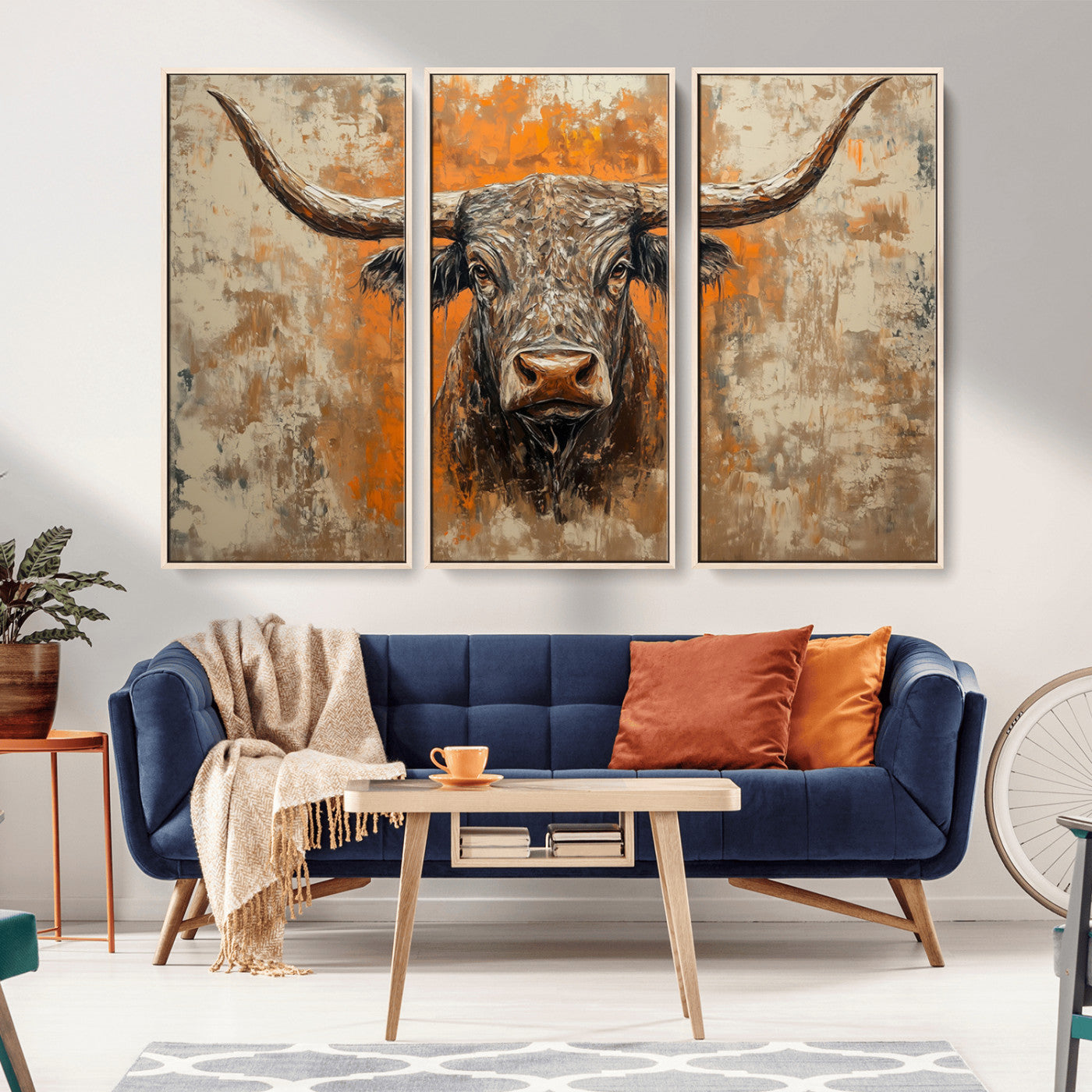 -Abstract Cow Longhorn Bull Wall Art Canvas Print - Rustic Texas Western Cattle Artwork