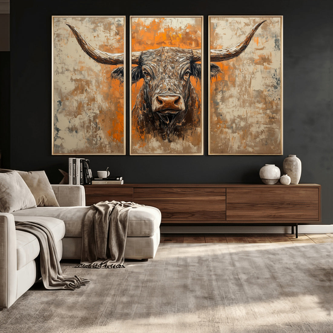 Abstract Cow Longhorn Bull Wall Art Canvas Print, Rustic Texas Western Cattle Artwork