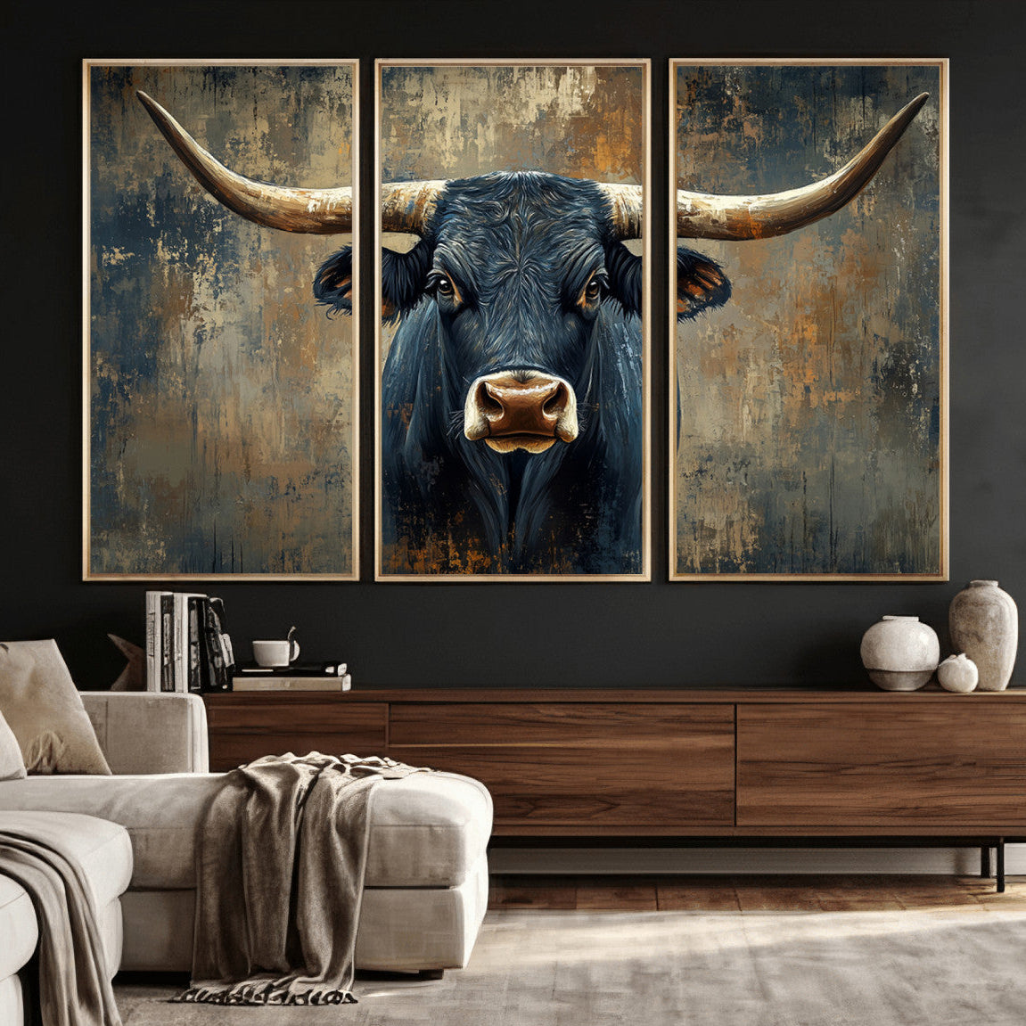 42026-MGV-CV-36X24 - Texas Western Wall Art Canvas Print - Abstract Cow Longhorn Bull Wall Art Canvas Print - Rustic Cow