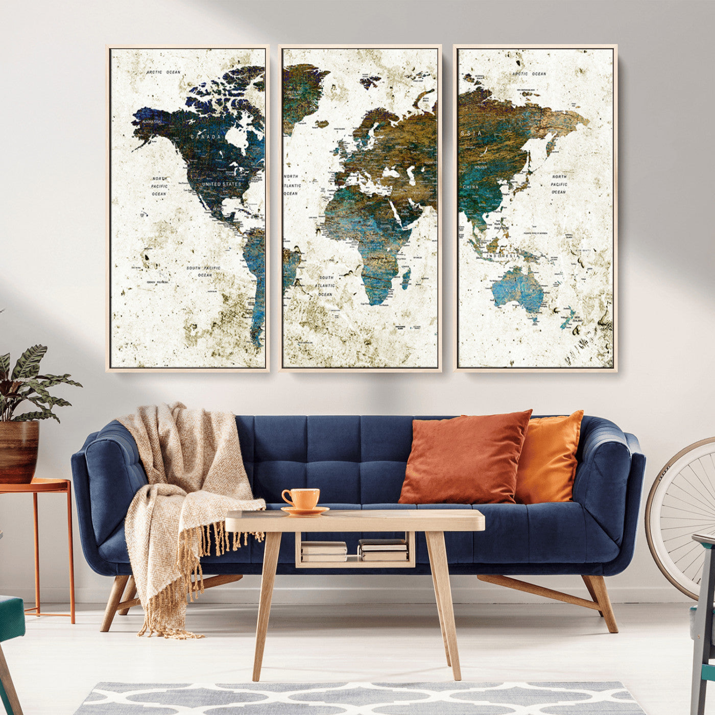 89176-MGV-CV-36X24-Vintage Blue and Brown World Map Canvas Wall Art – Framed Rustic Map Print, Earth Tone Travel Decor for Stylish Home and Office Walls