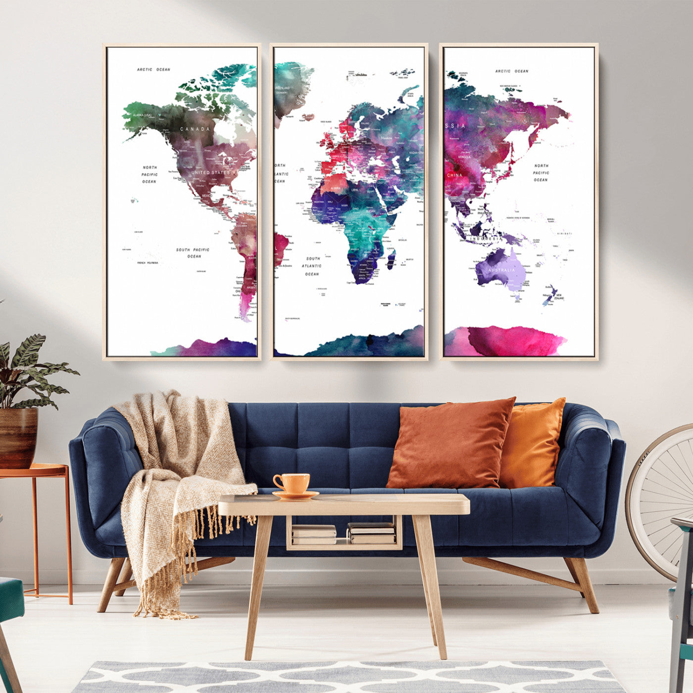 78176-MGV-CV-36X24-Colorful Watercolor World Map Canvas Wall Art – Framed Modern Map Print, Vibrant Travel Inspired Artwork for Home and Office Decor