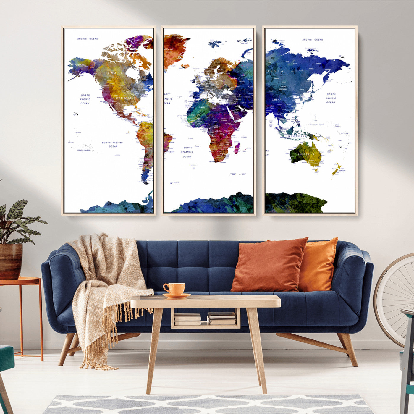 90446-MGV-CV-36X24-Colorful Watercolor World Map Canvas Wall Art – Framed Modern Push Pin Travel Map for Home and Office Decor