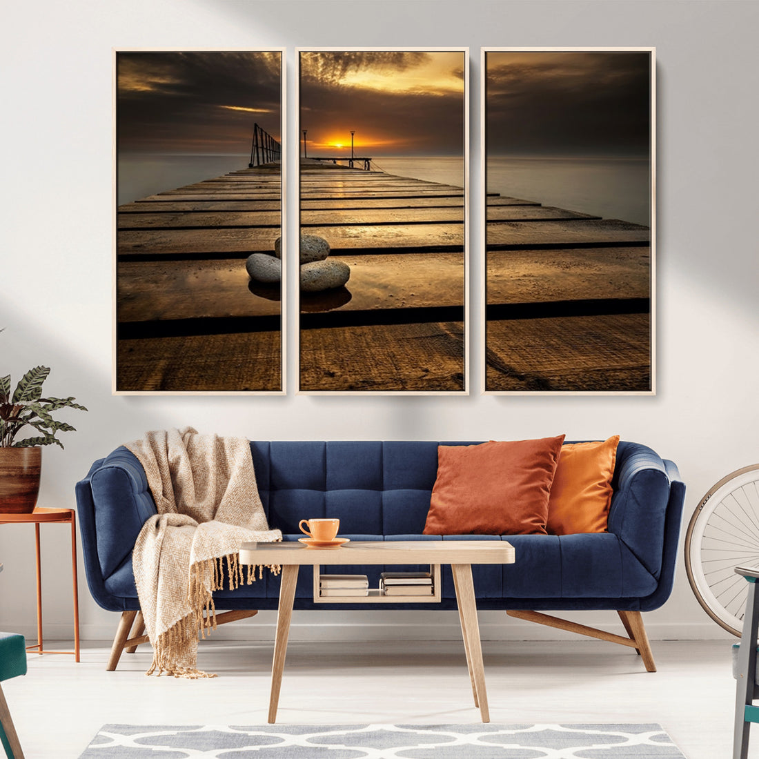 Stones on Wooden Pier at Sunset Canvas Print, Serene Coastal Wall Art