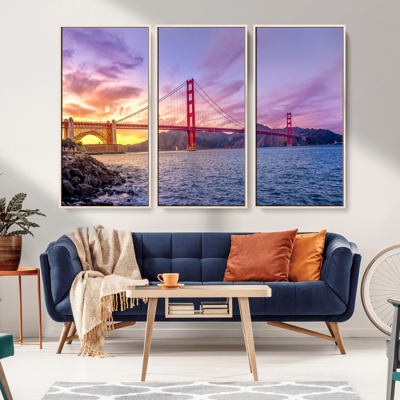 MGV-FC-48X32-3P - Golden Gate Bridge Wall Art Print, San Francisco Sunset Canvas Wall Art, Cityscape Canvas Print for