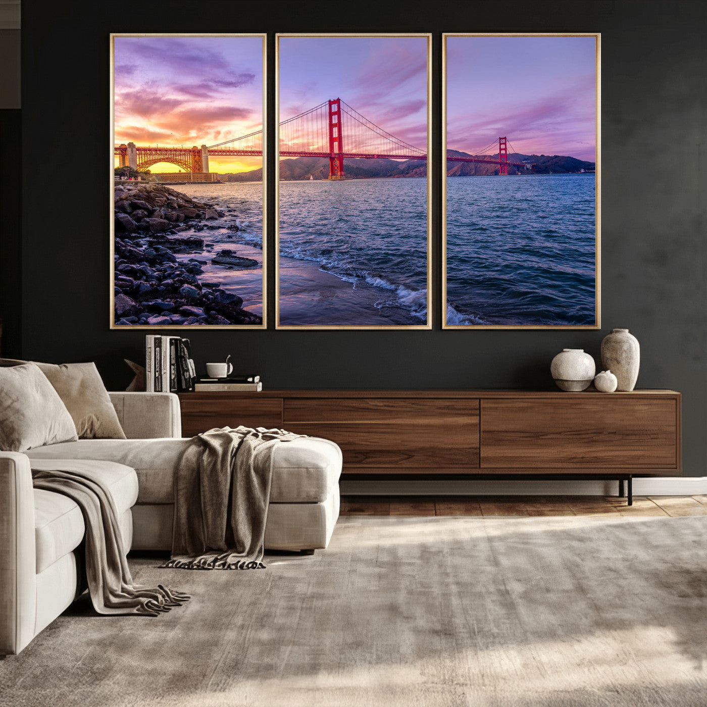 24256-MGV-CV-36X24 - Golden Gate Bridge Wall Art Print, San Francisco Sunset Canvas Wall Art, Cityscape Canvas Print for