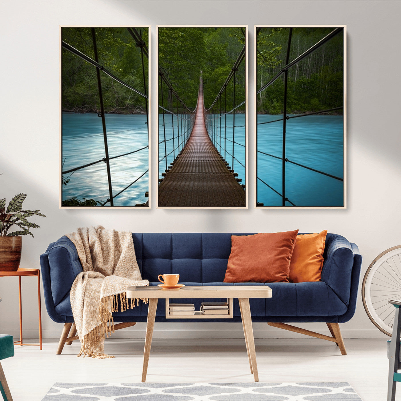 -Suspension Bridge Over River Canvas Art | 3-Panel Nature Photography | Scenic Wall Art for Living