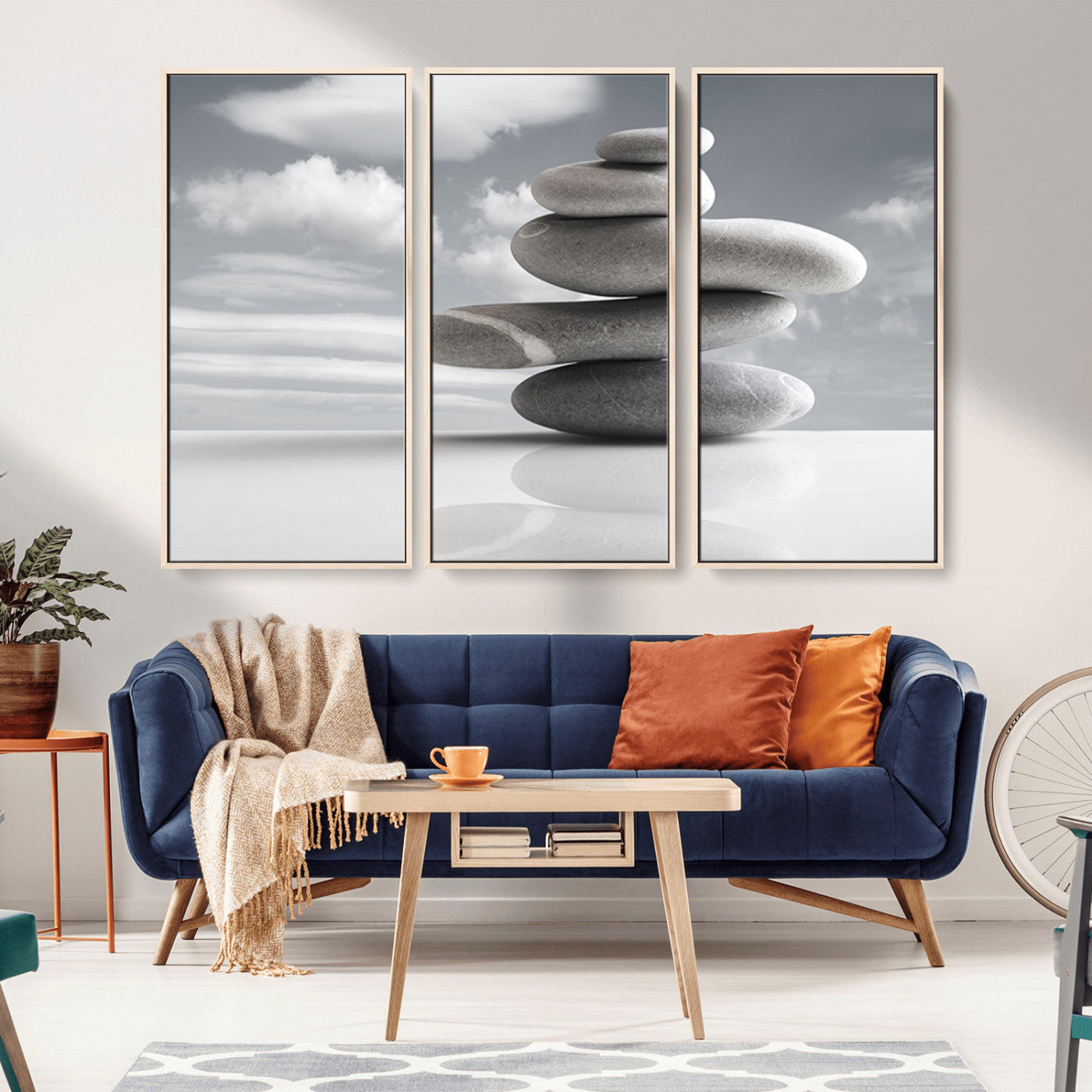 -Still Life Black and White Zen Stones Wall Art Canvas, Framed Black and White Zen Stones Canvas