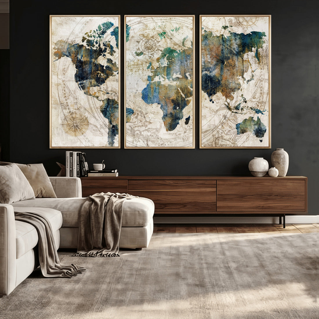 Framed Vintage World Map Wall Art, Abstract Map Canvas Print