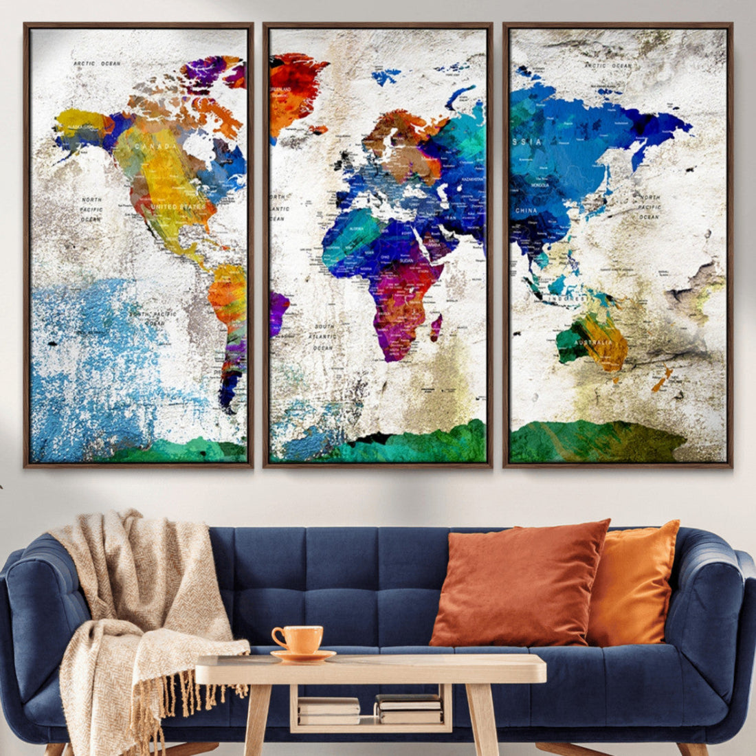 Navy Blue and Orange Watercolor World Map Canvas Print | Framed Travel Map