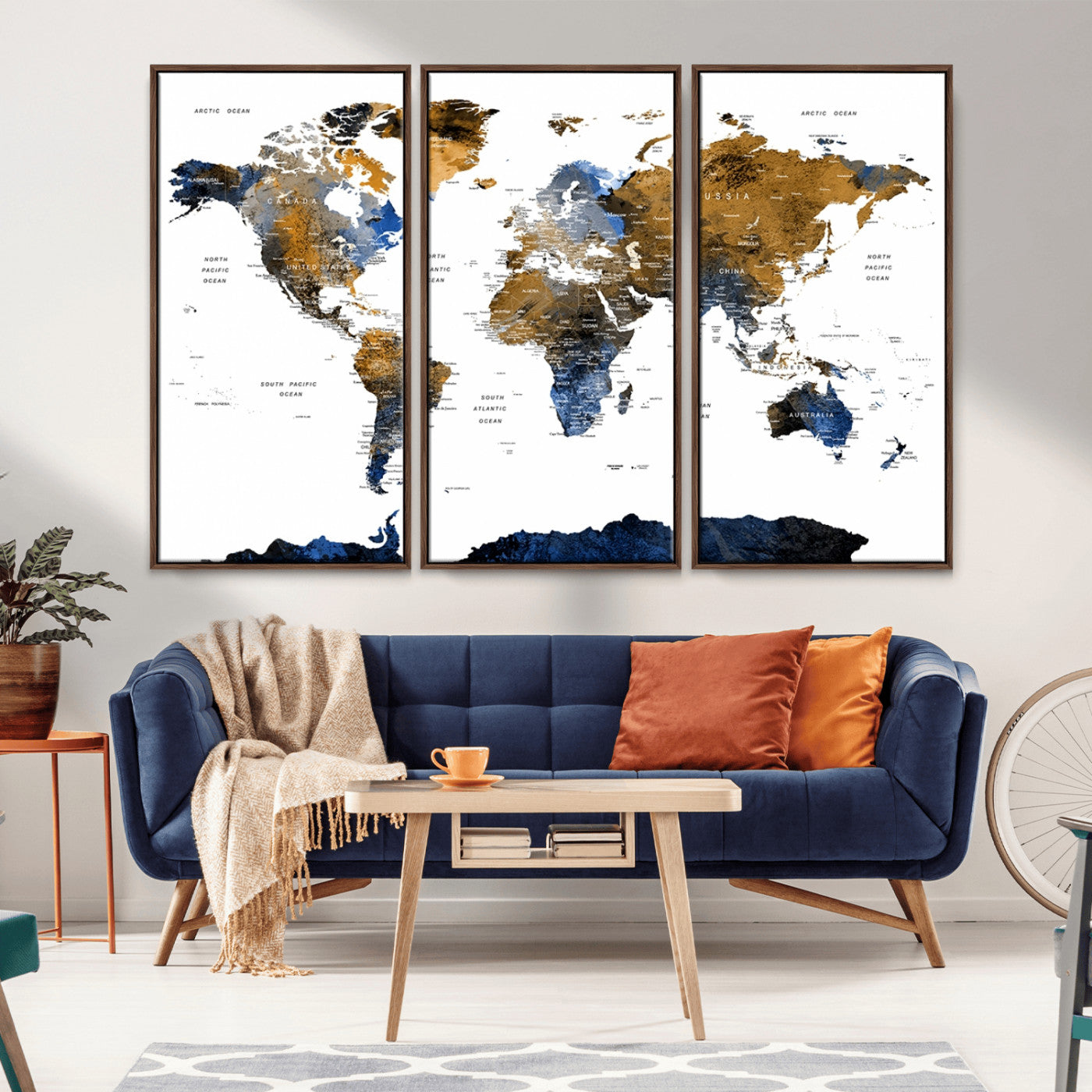 56231-MGV-CV-36X24-Navy and Gold World Map Canvas Wall Art – Framed Modern World Map Print, Elegant Travel Inspired Artwork for Home and Office Decor