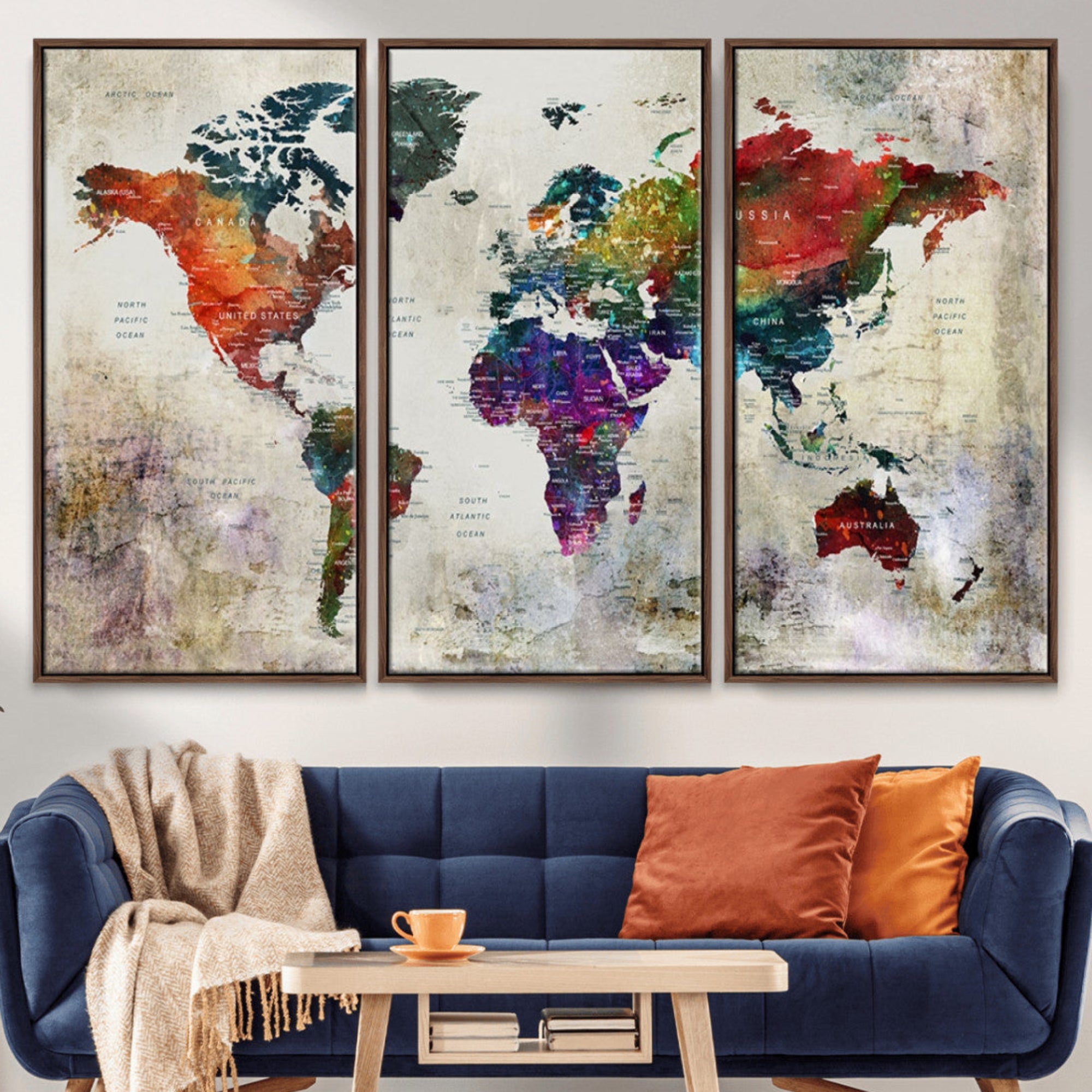 83409-MGV-CV-36X24-Push Pin World Map Canvas Print – Framed Travel Map Wall Art for Couples, Anniversary Gift, Modern Home or Office Decor