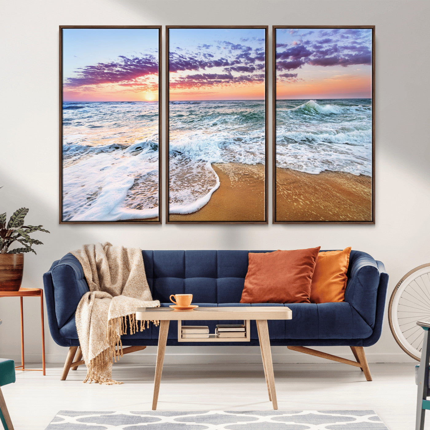 53006-MGV-CV-36X24-Coastal Sunset Art Beach Canvas Wall Art Print | Ocean Waves Wall Art | Large 3-Panel Seascape for