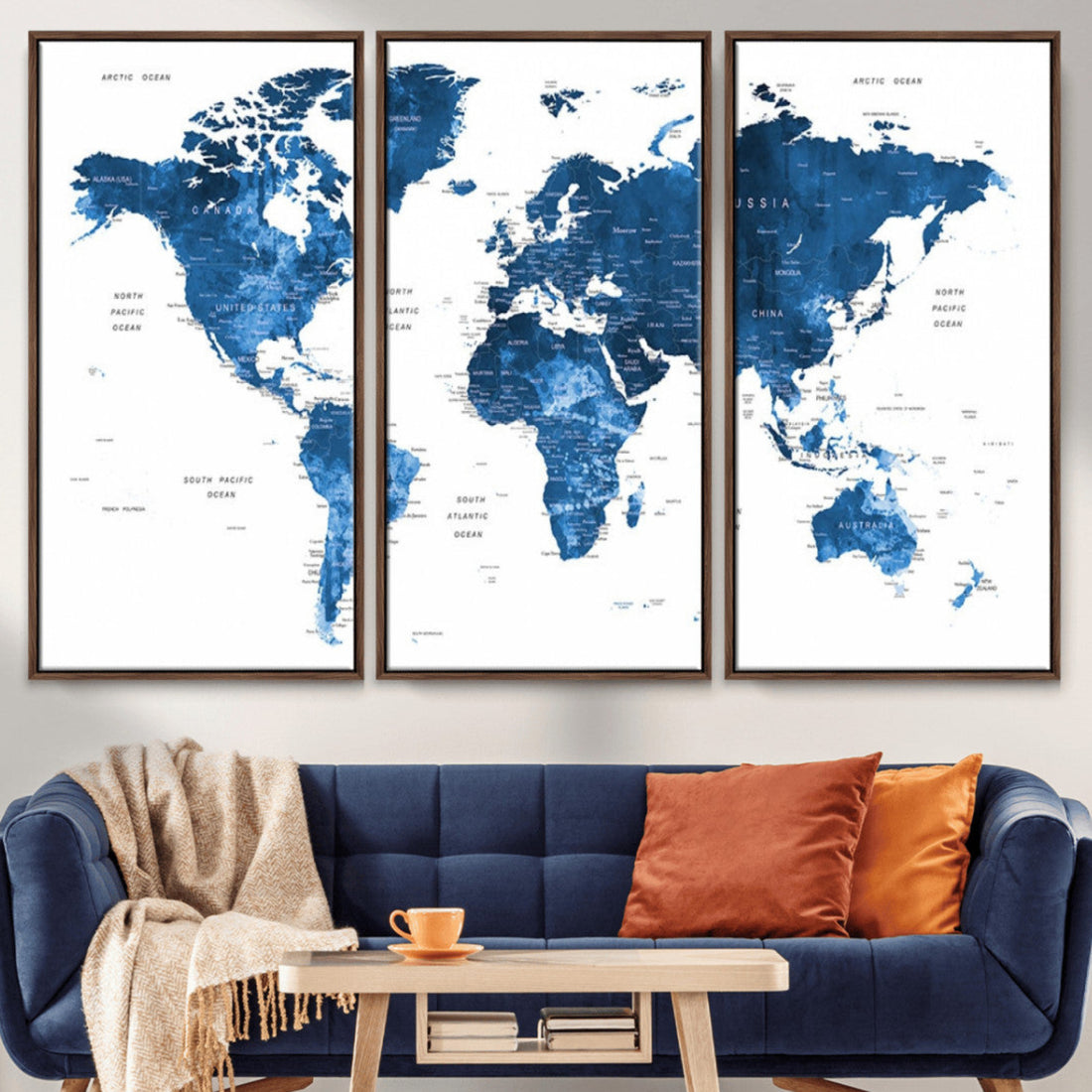 Navy Blue Watercolor World Map Canvas Print | Framed Detailed Map of the World