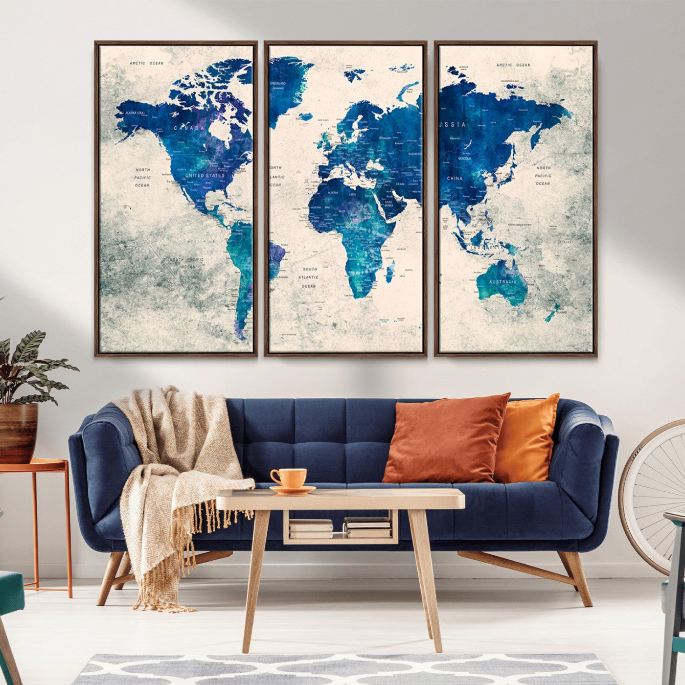 43947-MGV-CV-36X24-Blue Watercolor World Map Canvas Print – Framed Modern Wall Art, Elegant Push Pin Travel Map Decor for Home Office or Living Room