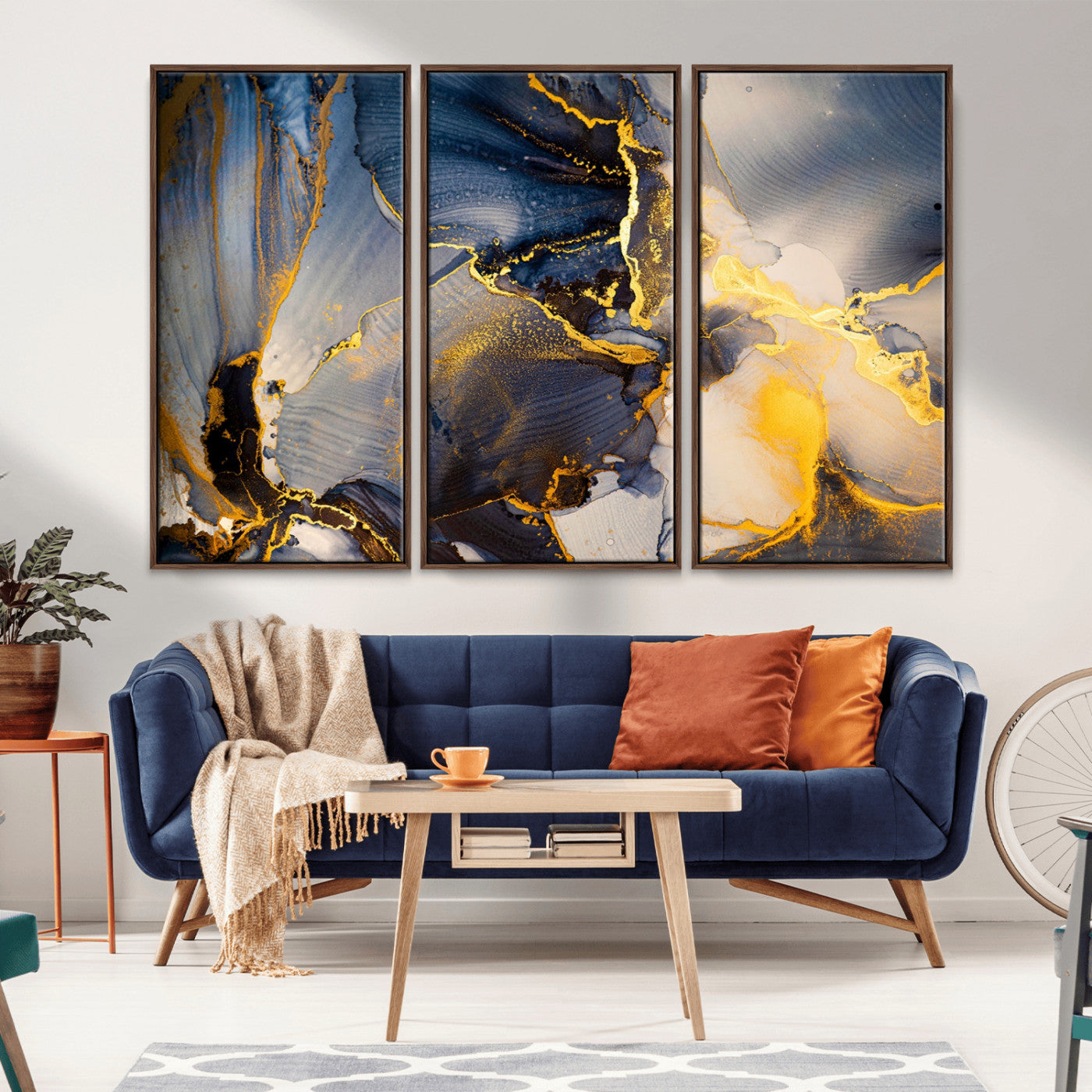 42100-MGV-CV-36X24-Large Abstract Wall Art Print - Gold and Blue Abstract Canvas Wall Art | Fluid Ink Modern Luxury