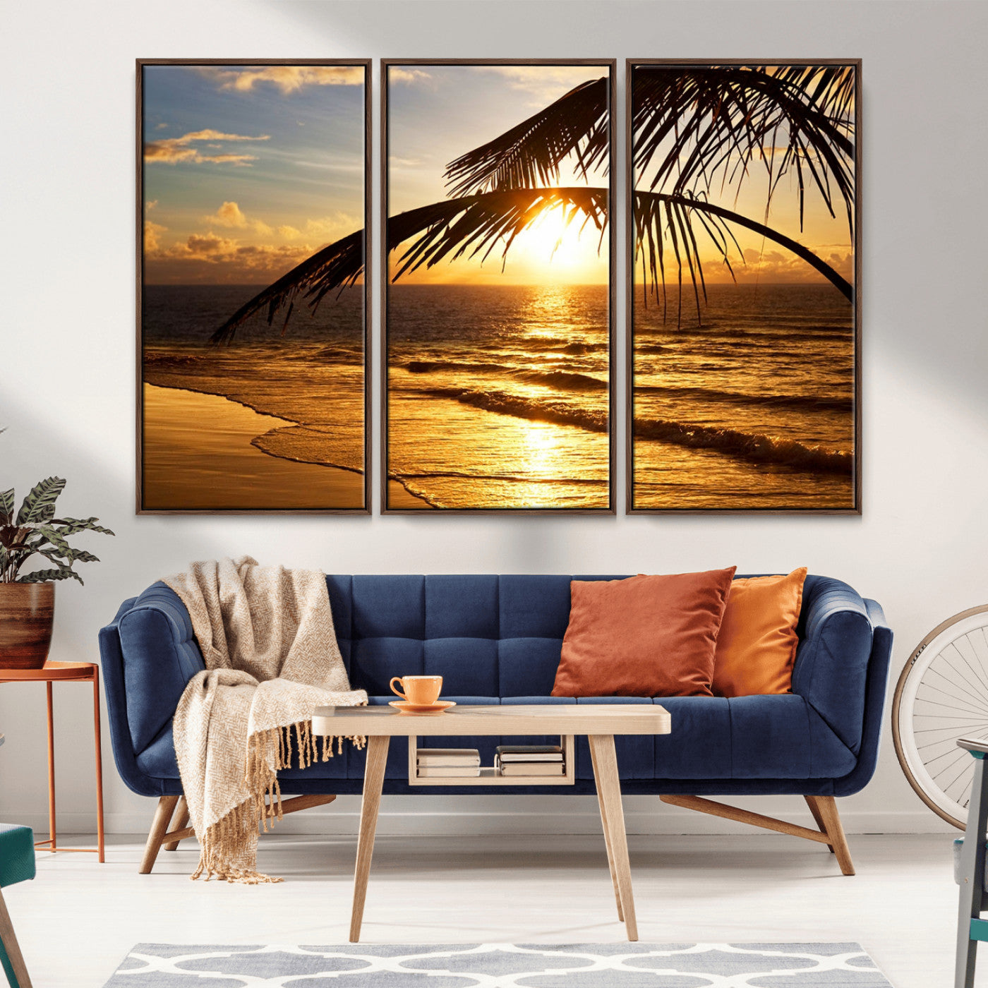 -Golden Tropical Beach Sunset Canvas Triptych, Coastal Palm Tree Wall Art, Ocean Shoreline Giclee