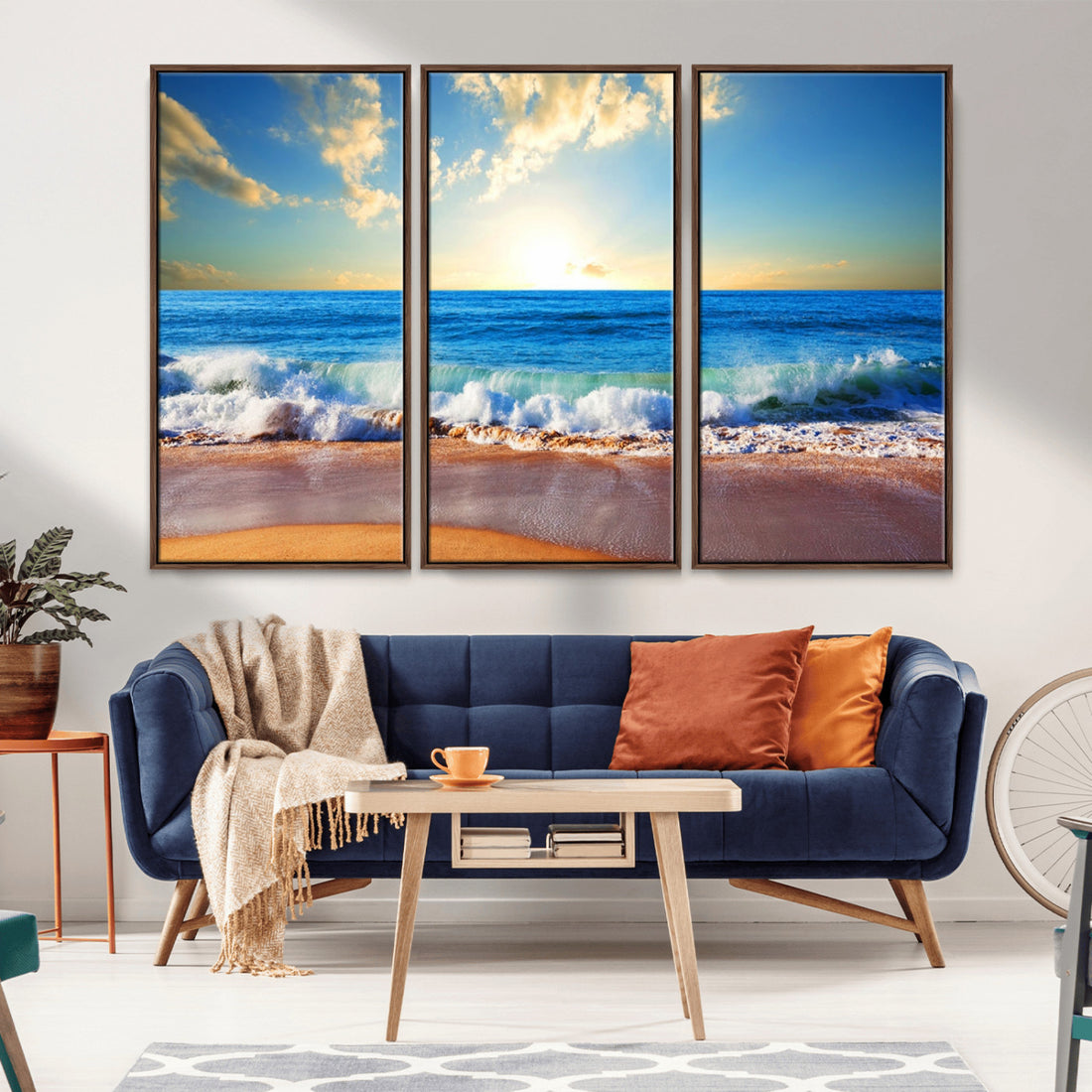 Tropical Beach Sunset Canvas Art, Ocean Waves and Sandy Shoreline Wall Art