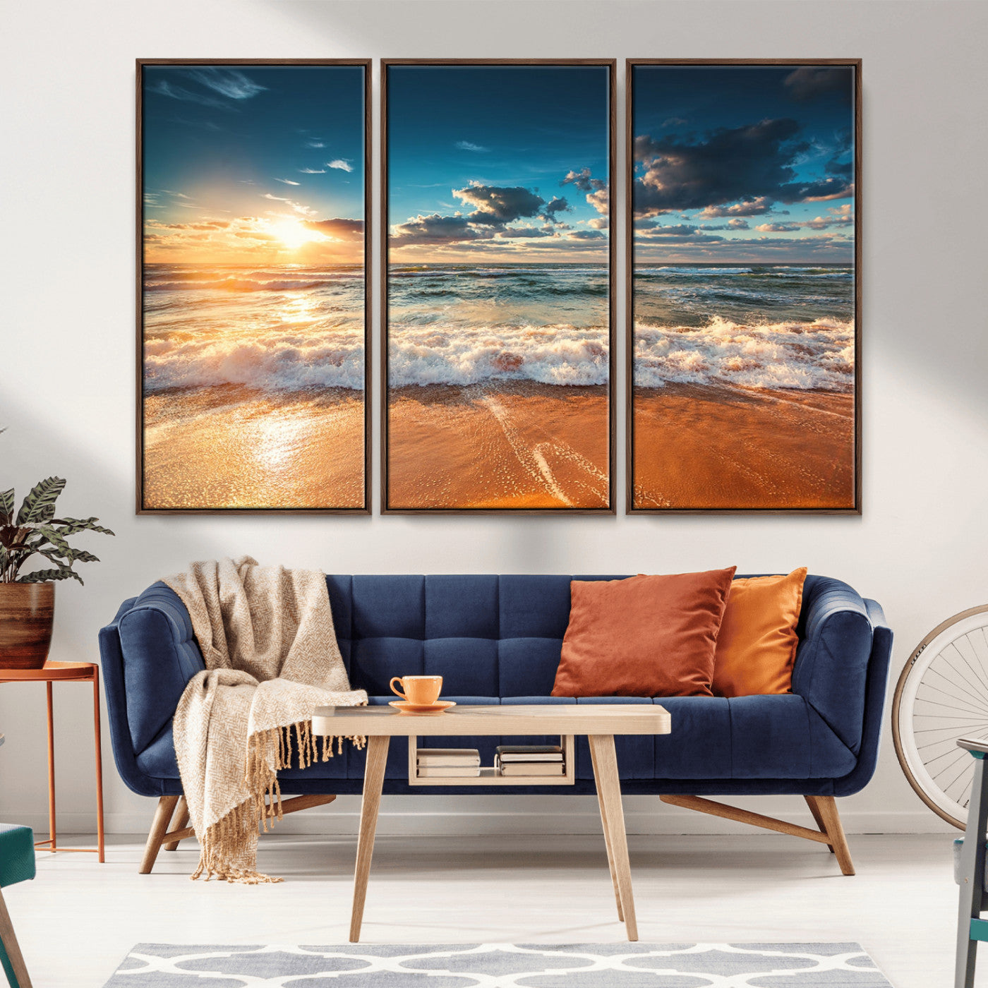 -Golden Sunset Beach Triptych Canvas Art, Giclee Coastal Wall Decor, Ocean Waves Print, Modern Beach