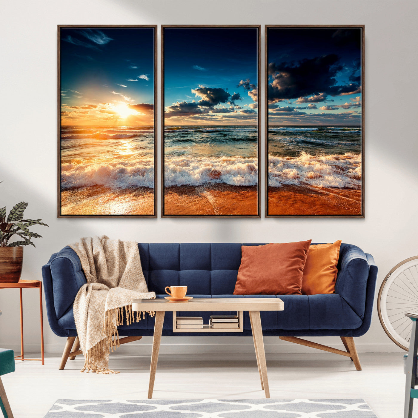-Golden Hour Sunset Over Ocean Waves Wall Art Canvas Print | 3 Panel Coastal Landscape Canvas Wall