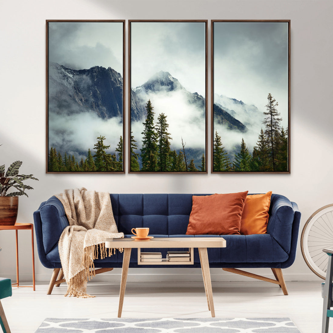 Mountain Mist Canvas Wall Art Print | 3-Panel Foggy Forest and Mountain Landscape