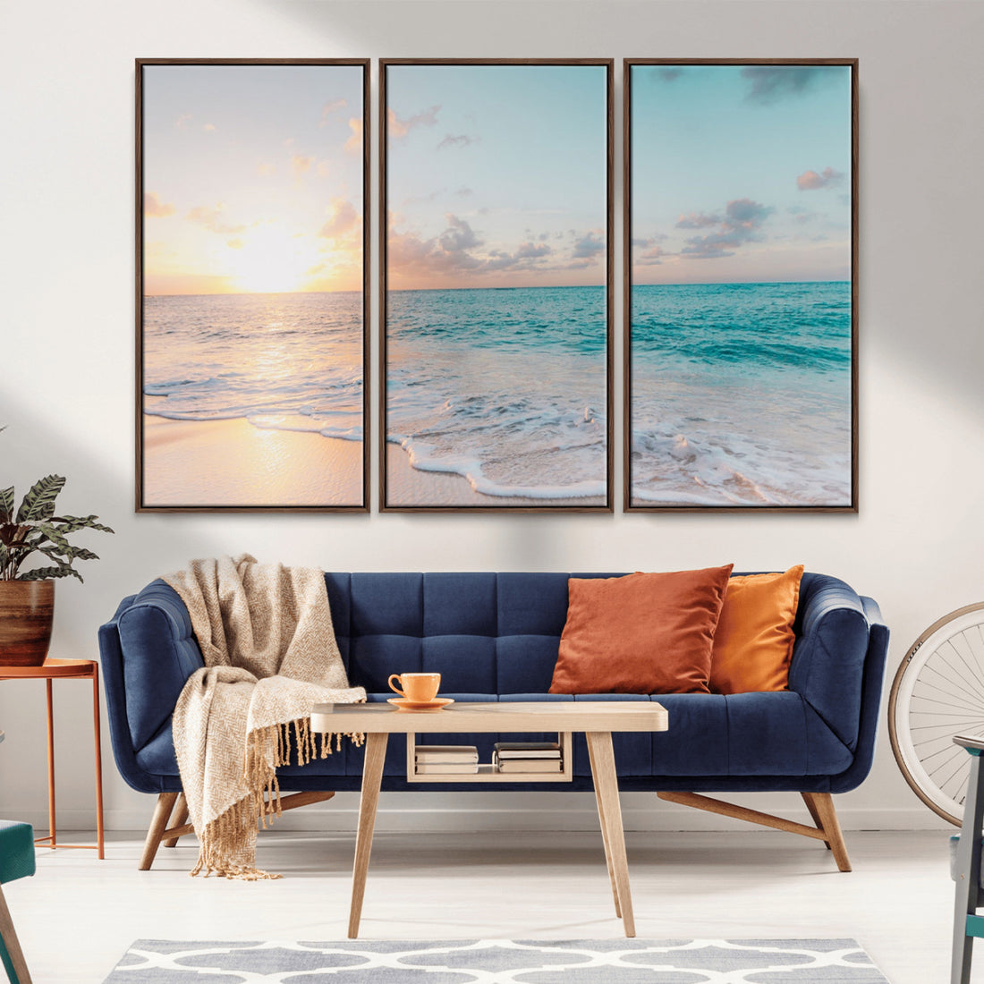 Tranquil Ocean Beach Sunset Canvas Wall Art | 3-Panel Coastal Decor