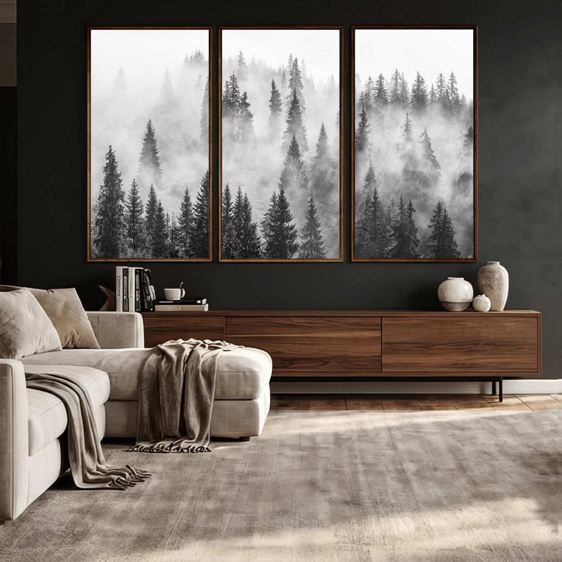 Forest Wall Art Print | Foggy Pine Forest Canvas Wall Art, Black and White Nature Decor