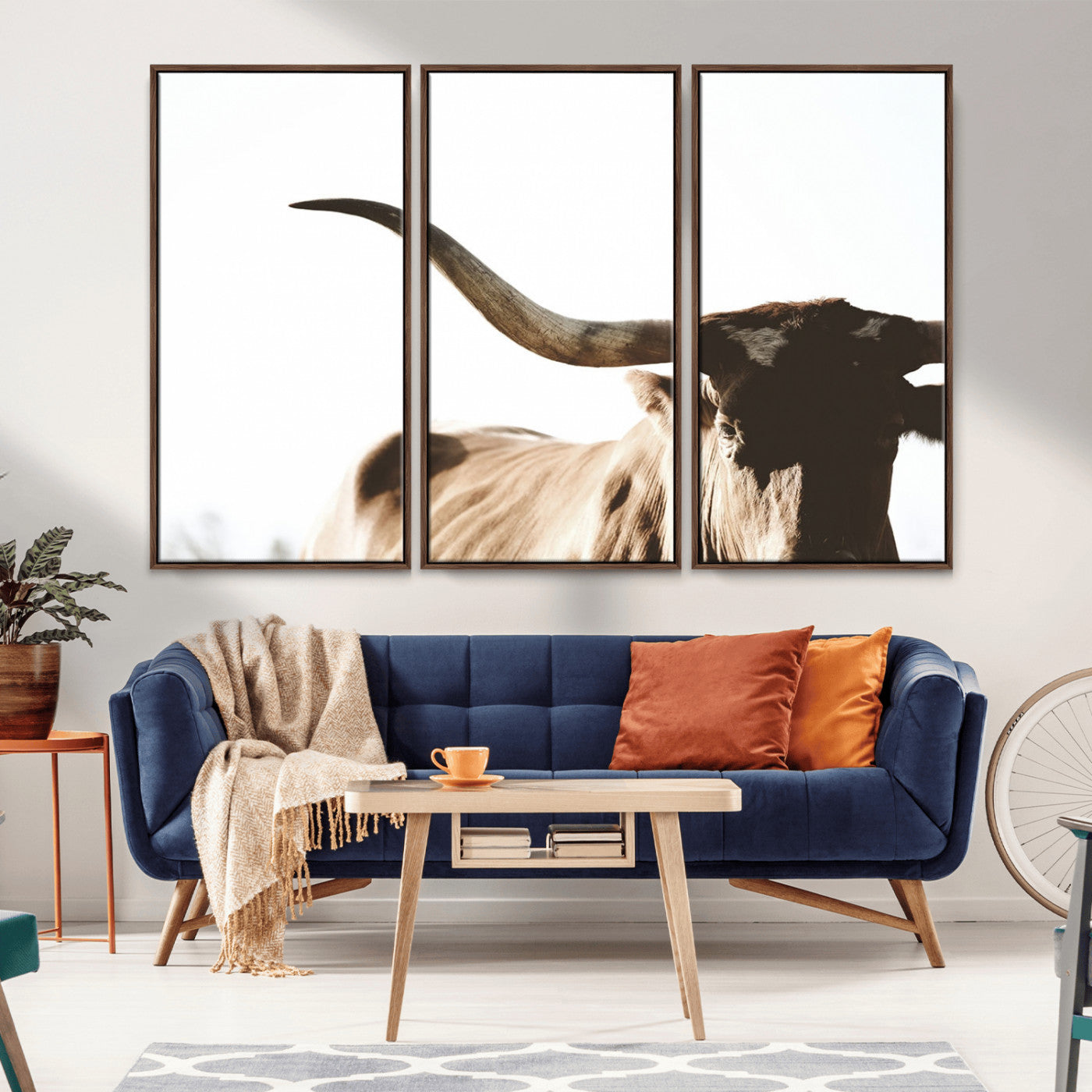 35866-MGV-CV-36X24-Texas Longhorn Wall Art Canvas Print | 3-Panel Large Longhorn Canvas Print for Living Room, Framed
