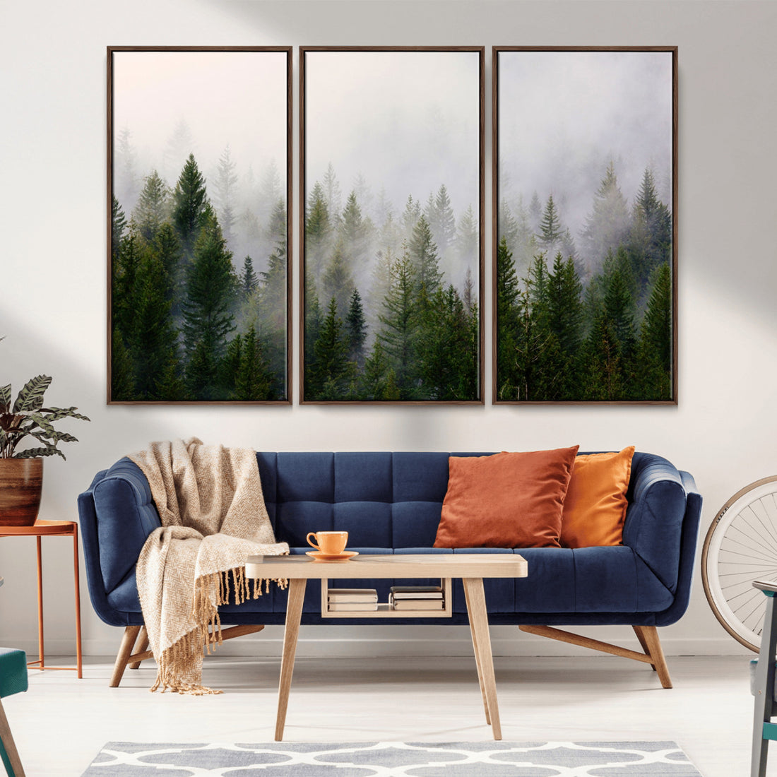 Misty Pine Forest Wall Art Canvas Print | 3 Panel Green Woodland Nature Decor