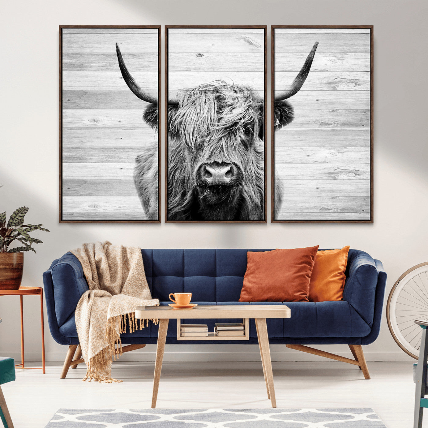 14634-MGV-CV-36X24-Scottish Highland Cow Cattle Art Print on Wood Background Style, Scottish Highland Cow Wall Art