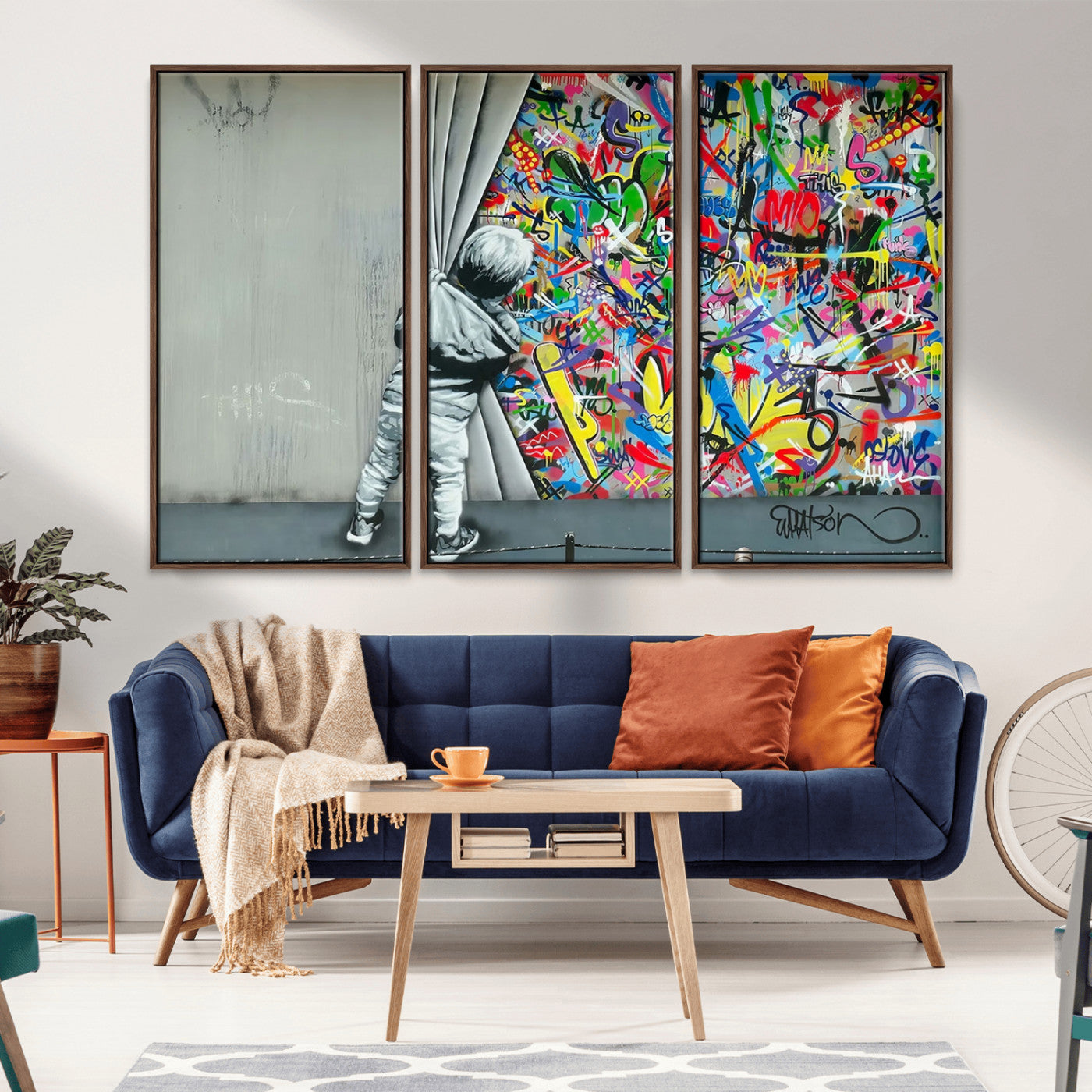 51713-MGV-CV-36X24-Banksy Colorful Street Graffiti Canvas Wall Art Print, Modern Art Triptych, Child and Graffiti Wall,