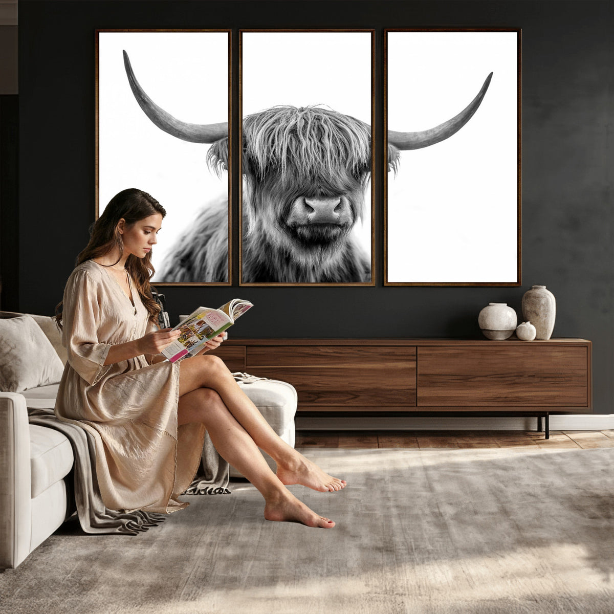 75503-_Poster-30x20 - Scottish Highland Cow Cattle Art Print Wall Art Canvas Print for Farmhouse Decor, Framed Scottish