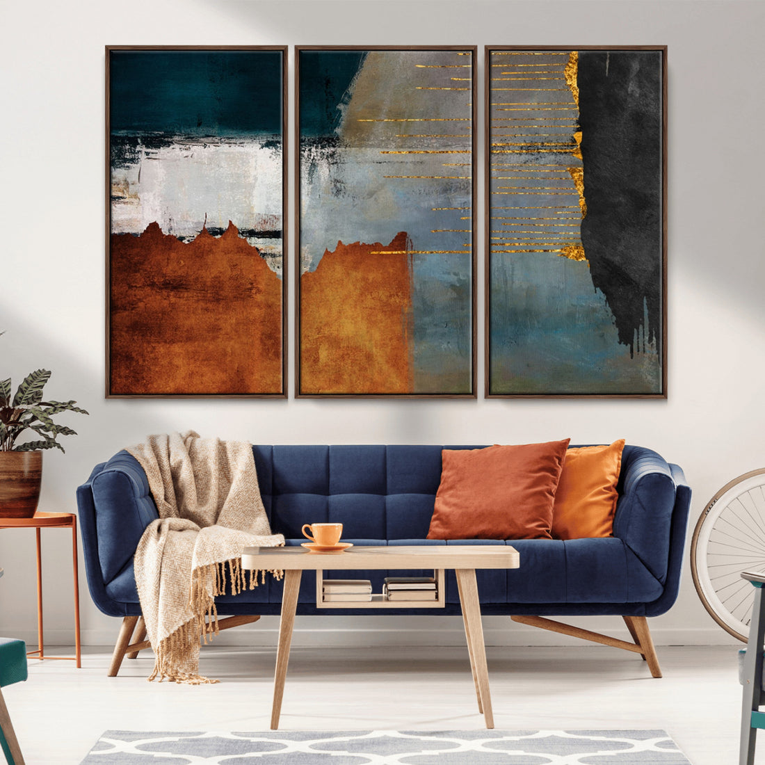 Modern Abstract Canvas Art Canvas Print, Orange, Teal and Gold Triptych, Framed and Ready to Hang