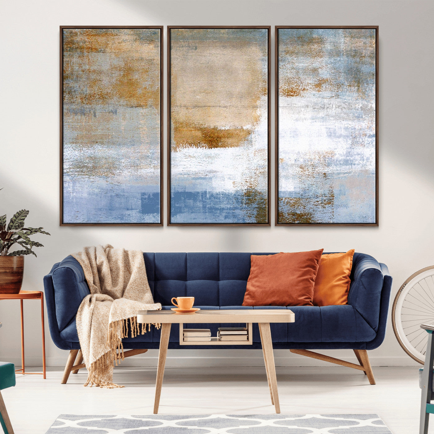 72354-MGV-CV-36X24-Blue Multi Panel Abstract Wall Art Canvas, Abstract Blue and Gold Canvas Print