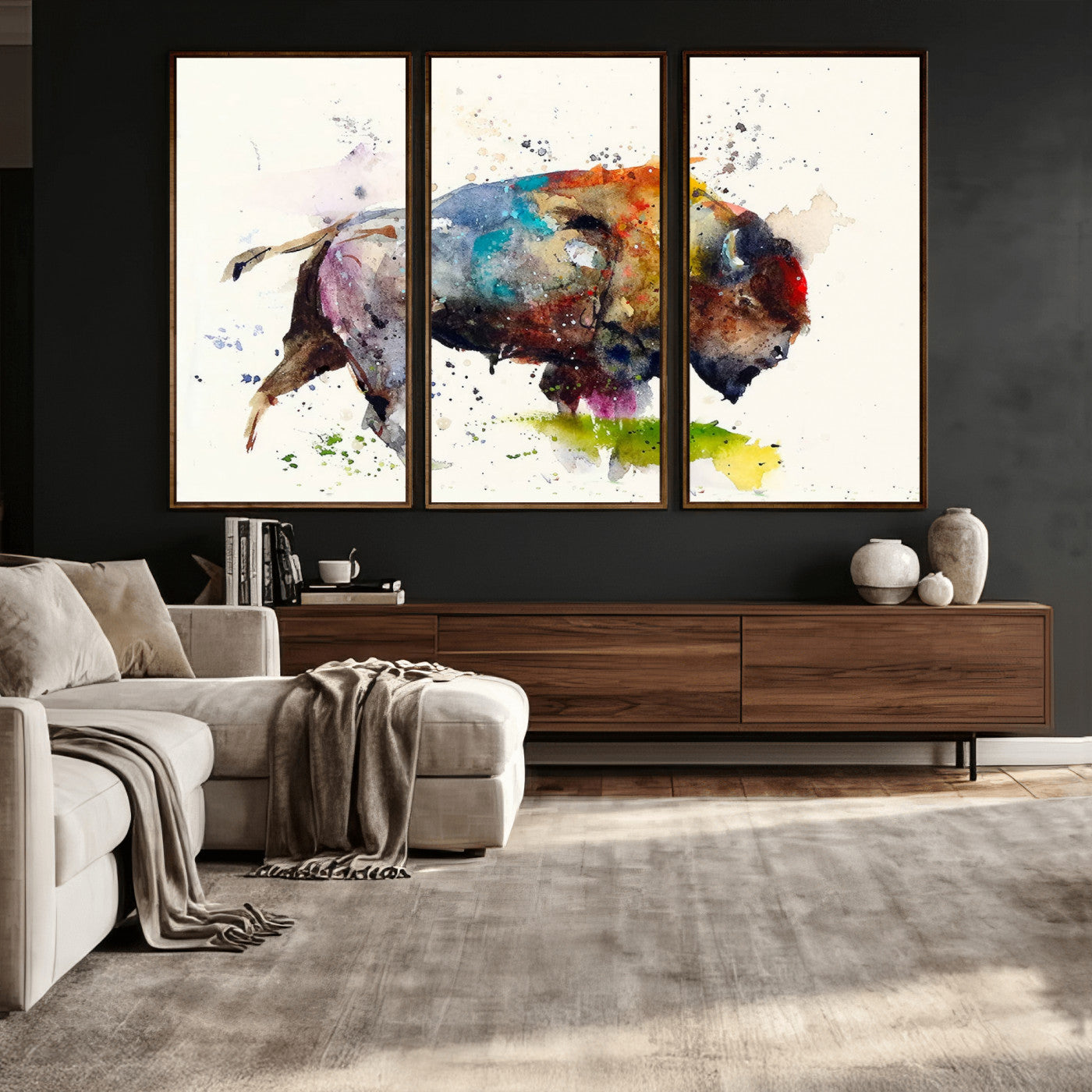44504-MGV-CV-36X24 - Abstract Buffalo Wall Art, Western Watercolor Bison Canvas Print, Rustic Buffalo Art for Cowboy and
