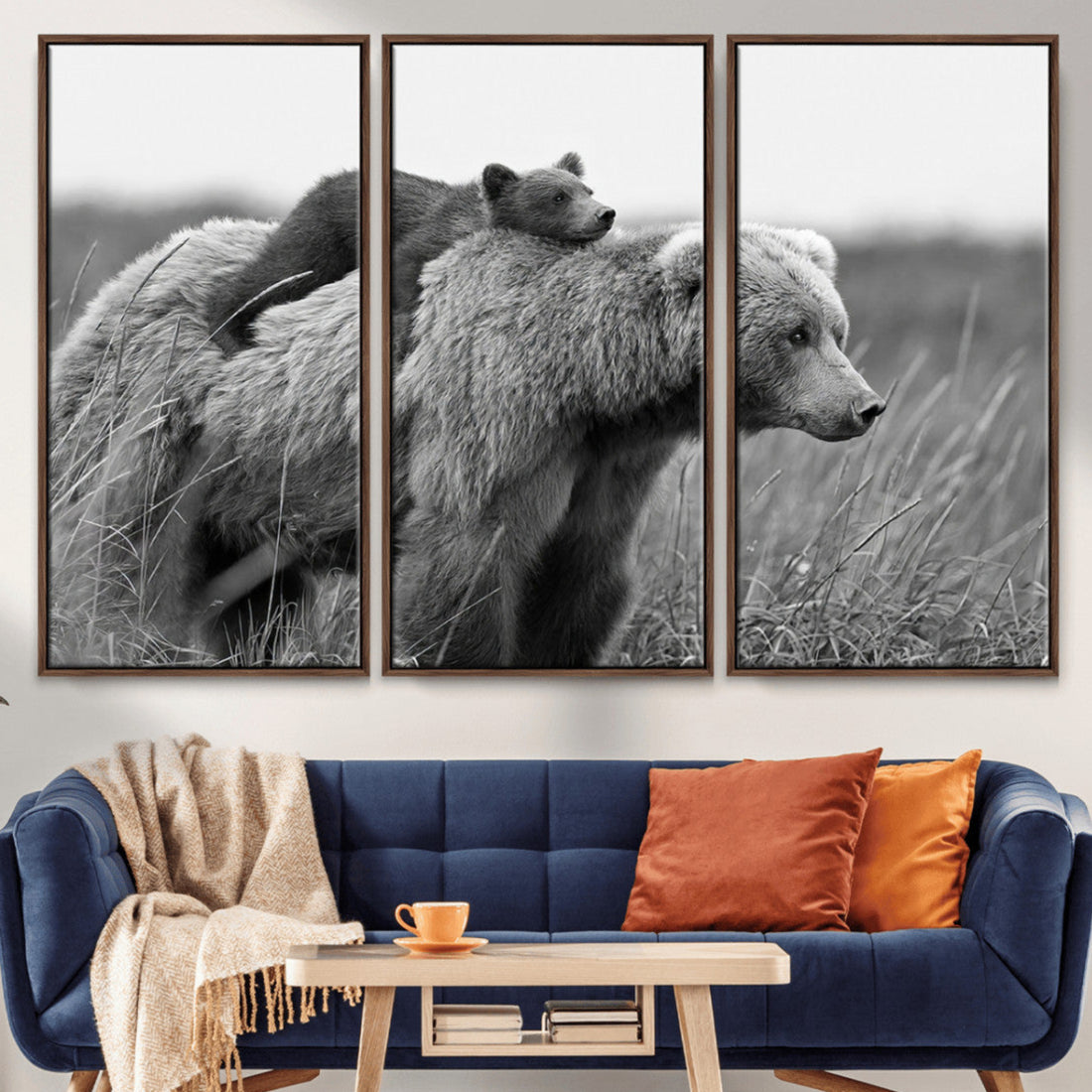 Bear and Cub Wall Art Canvas | Grizzly 399 Bear and Cub Black and White Wildlife Print