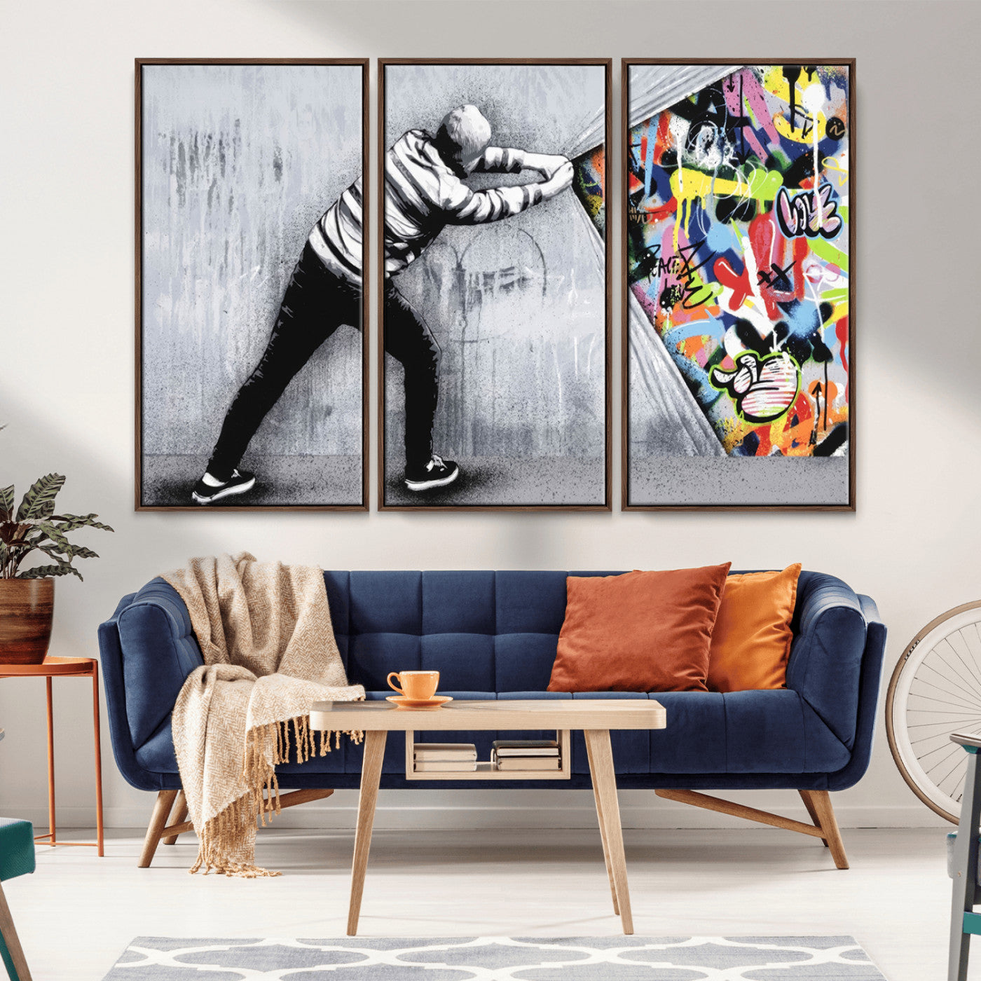 52252-MGV-CV-36X24-Banksy Art Behind the Curtain Street Wall Art Canvas Print | 3-Panel Urban Graffiti-Inspired Wall