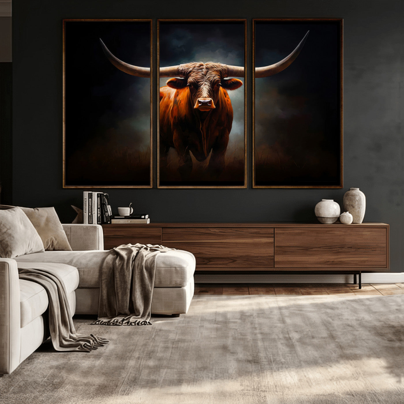 48896-MGV-CV-36X24 - Abstract Texas Longhorn Wall Art Print | 3-Panel Large Texas Longhorn Canvas Print for Living Room,